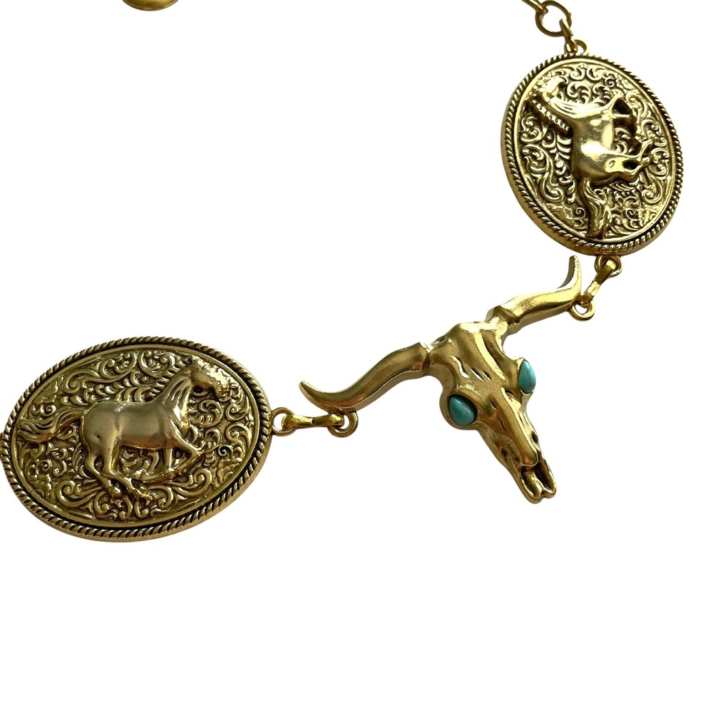 Turquoise Longhorn Skull Chain Belt Western Boho Statement‎ Cowboy Rodeo concho - Picture 9 of 9